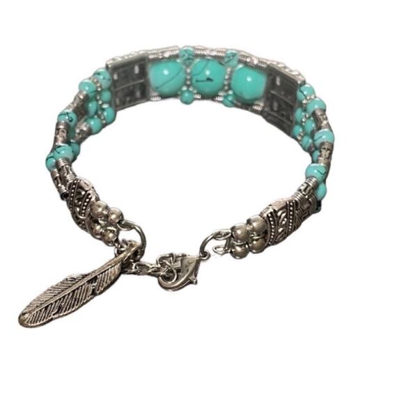 Turquoise Glass Bead Three Strand Silver Tone Bracelet - Picture 2 of 3